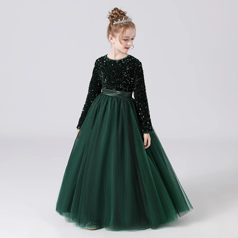Glitter Sequins Long Sleeves Flower Girls Dresses - EleganceGeek