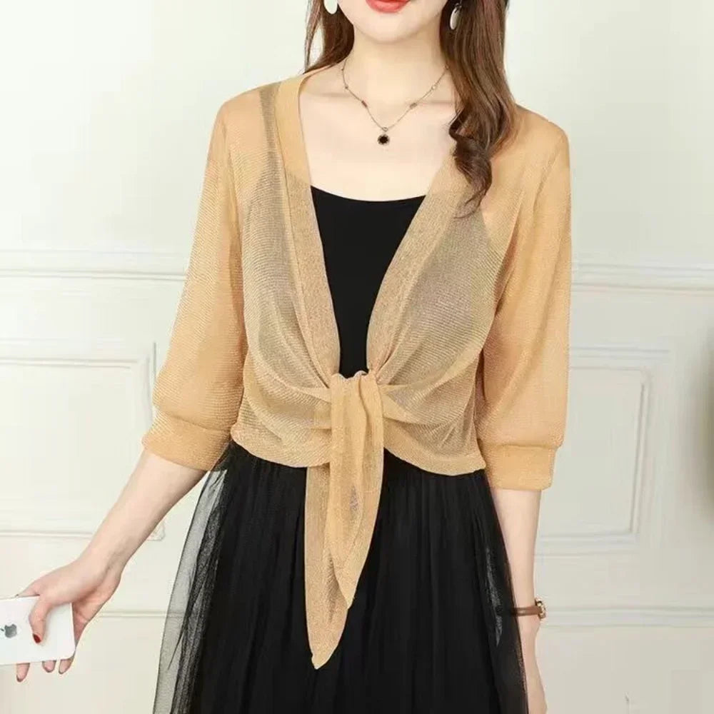 Women's Sheer Glitter Lace-up Cardigan Half Sleeve - EleganceGeek