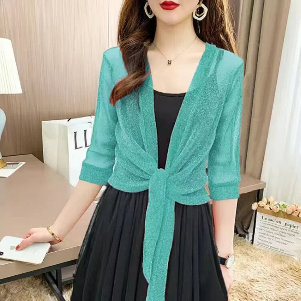 Women's Sheer Glitter Lace-up Cardigan Half Sleeve - EleganceGeek