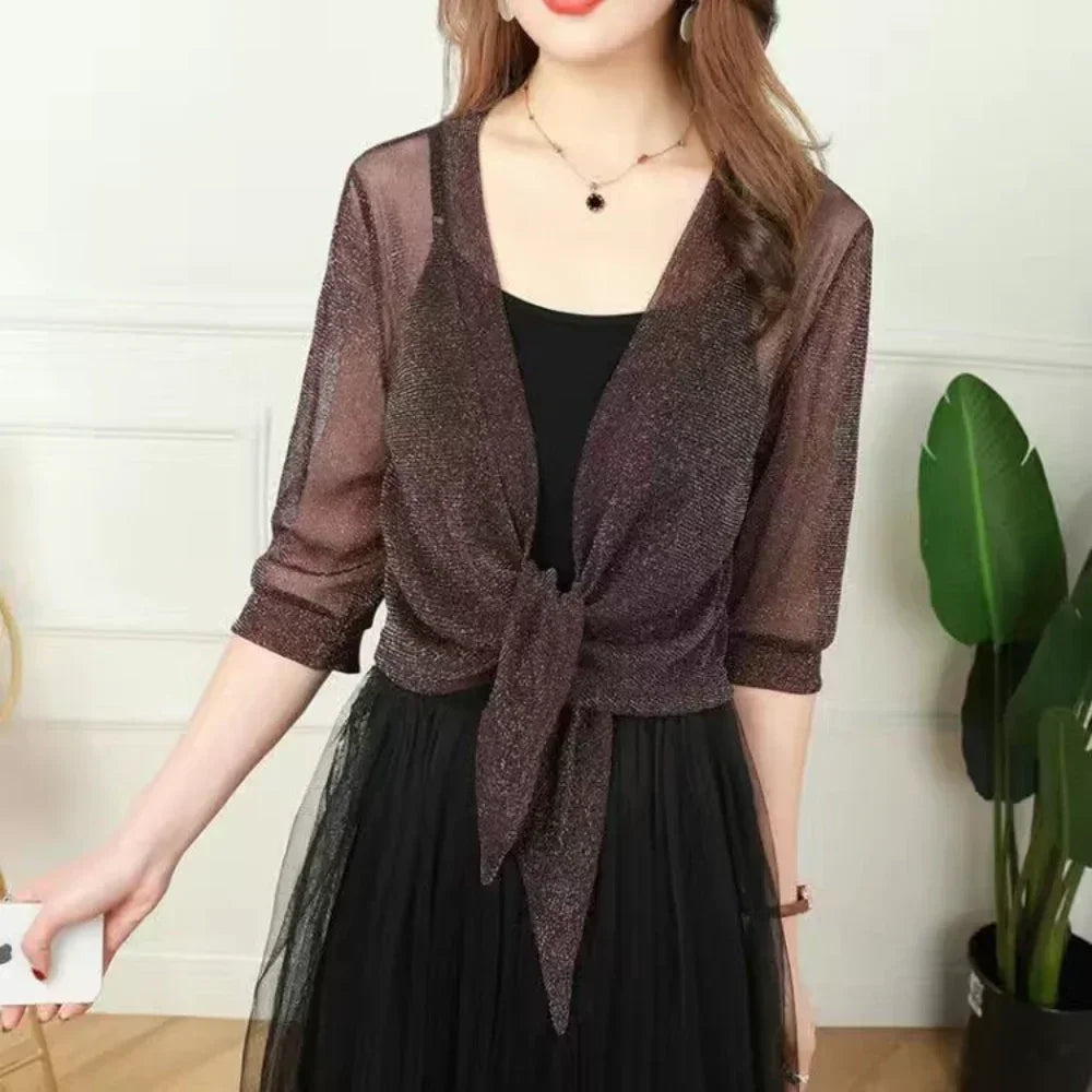 Women's Sheer Glitter Lace-up Cardigan Half Sleeve - EleganceGeek
