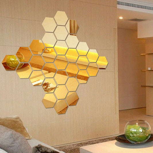 12-Pack Gold Hexagon Mirror Stickers - EleganceGeek