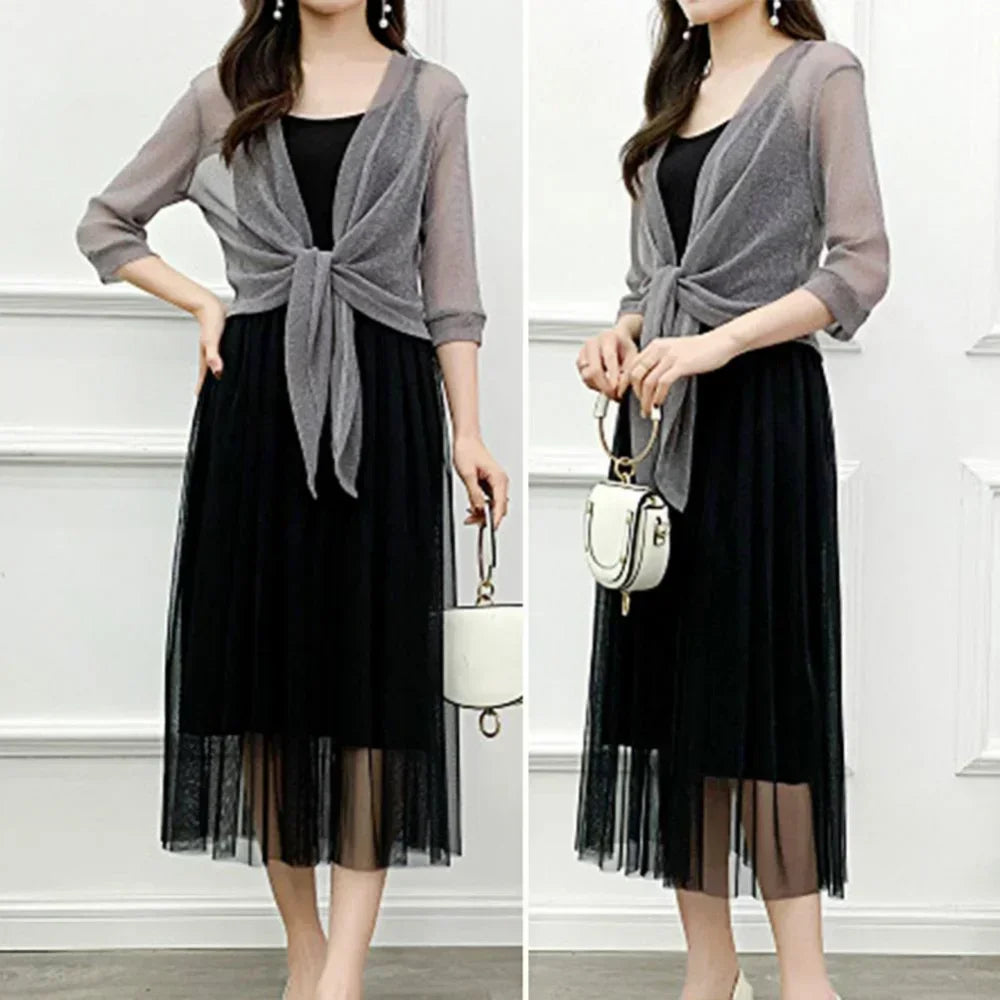 Women's Sheer Glitter Lace-up Cardigan Half Sleeve - EleganceGeek