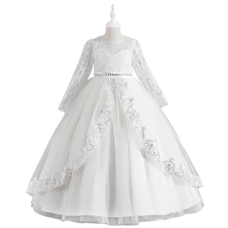 Long Sleeve Lace Embroidered Flower Dress - EleganceGeek