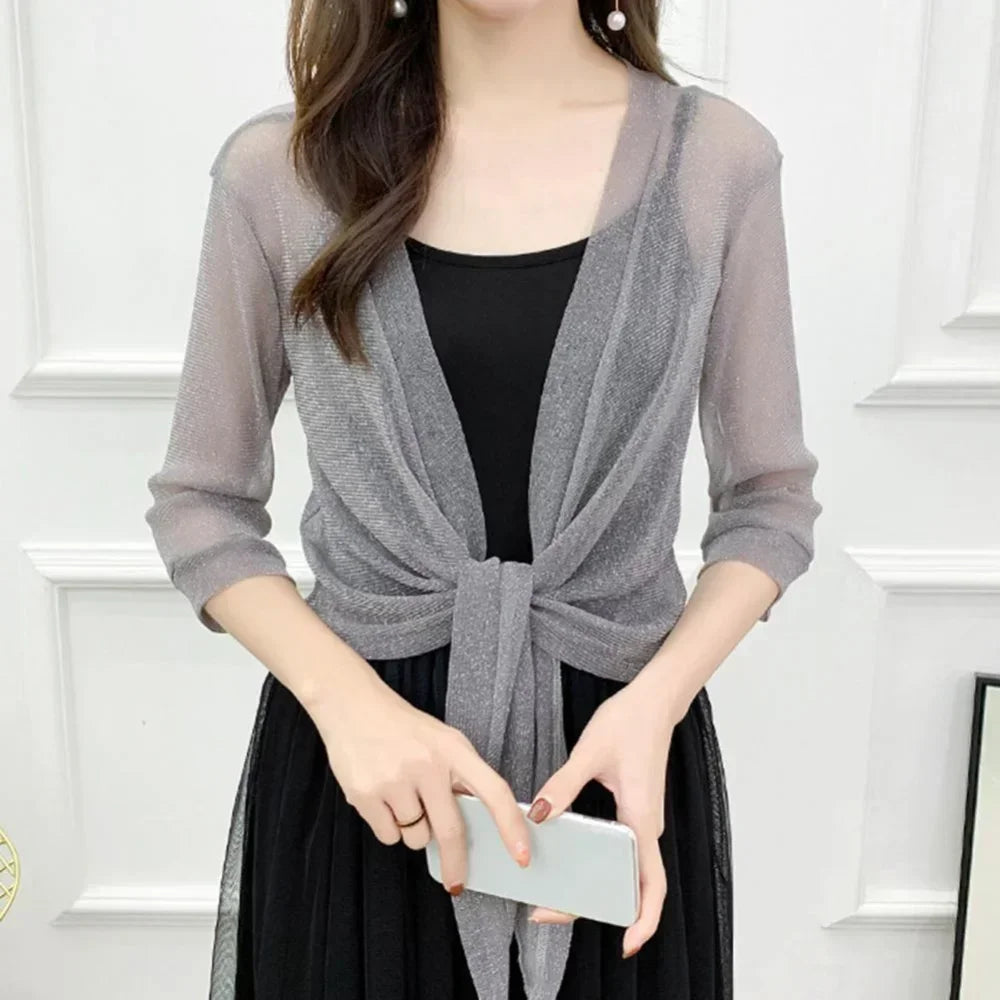 Women's Sheer Glitter Lace-up Cardigan Half Sleeve - EleganceGeek