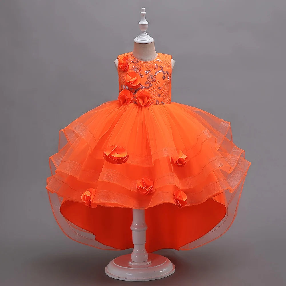 Orange Flower Girl Princess Tail Dress