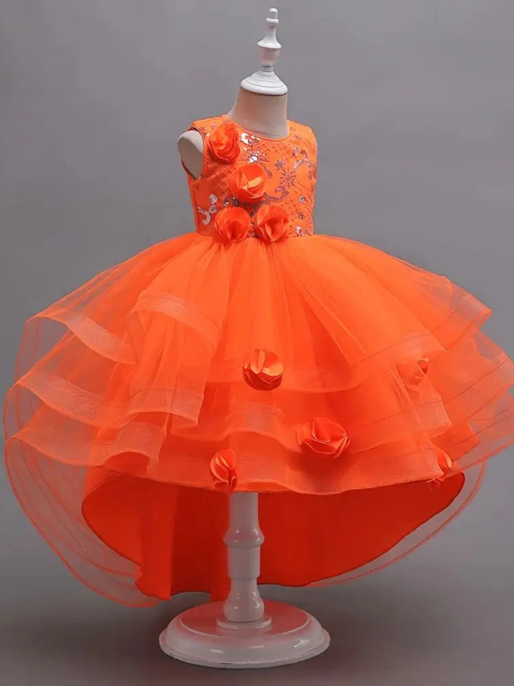 Orange Flower Girl Princess Tail Dress