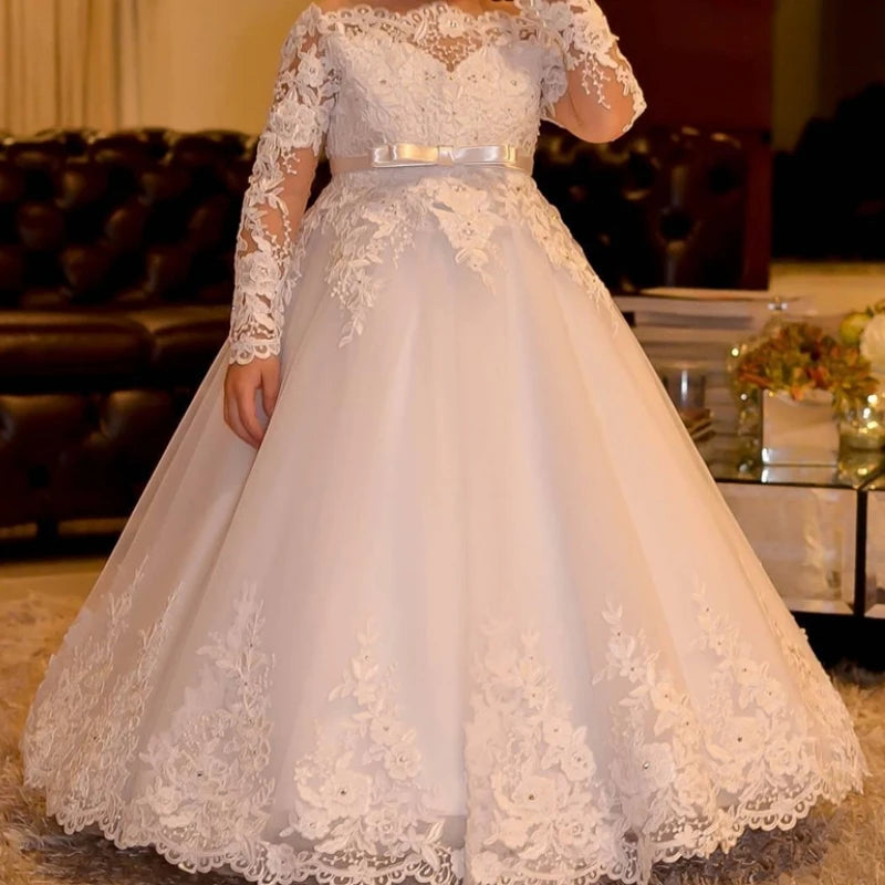 Princess Lace Long Sleeve Backless Flower Girl Dresses