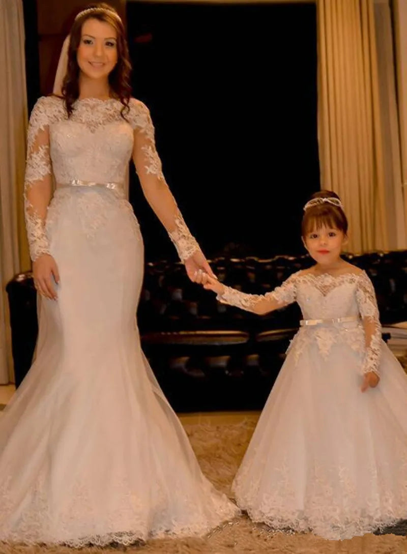 Princess Lace Long Sleeve Backless Flower Girl Dresses