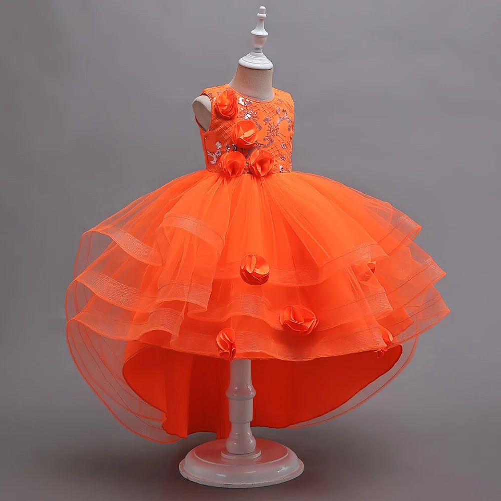 Orange Flower Girl Princess Tail Dress