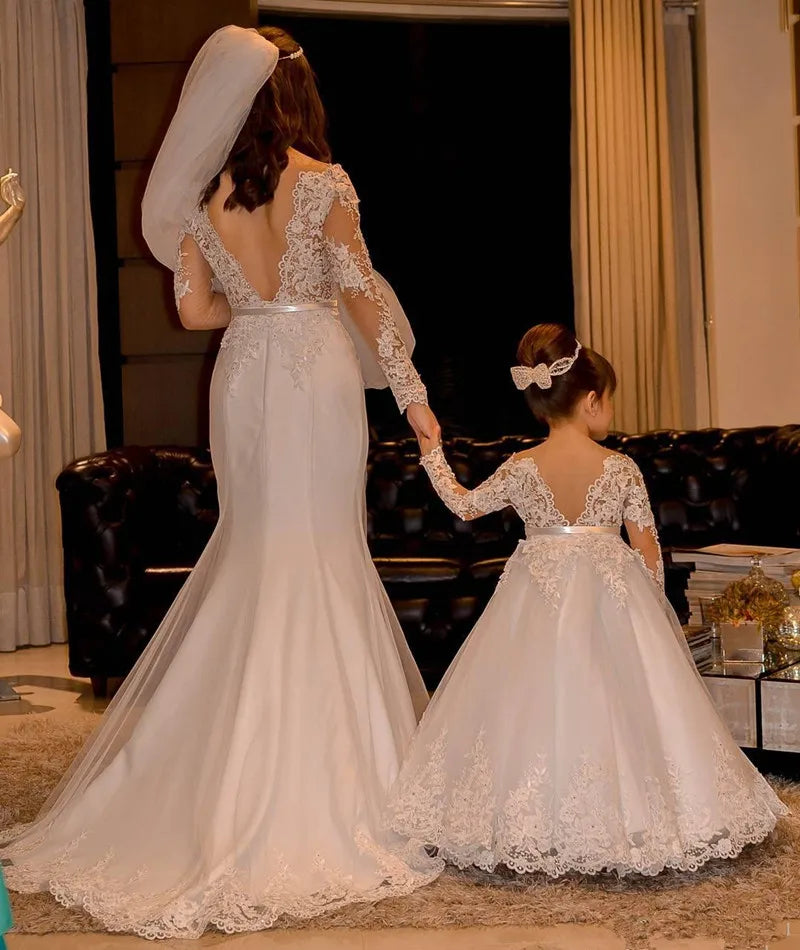 Princess Lace Long Sleeve Backless Flower Girl Dresses