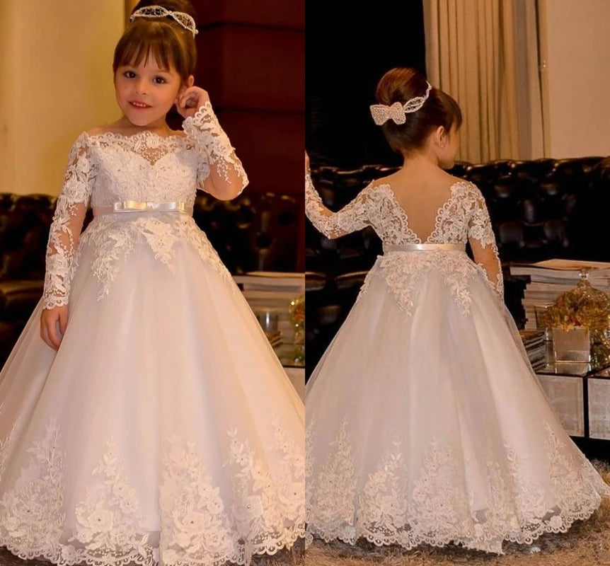 Princess Lace Long Sleeve Backless Flower Girl Dresses