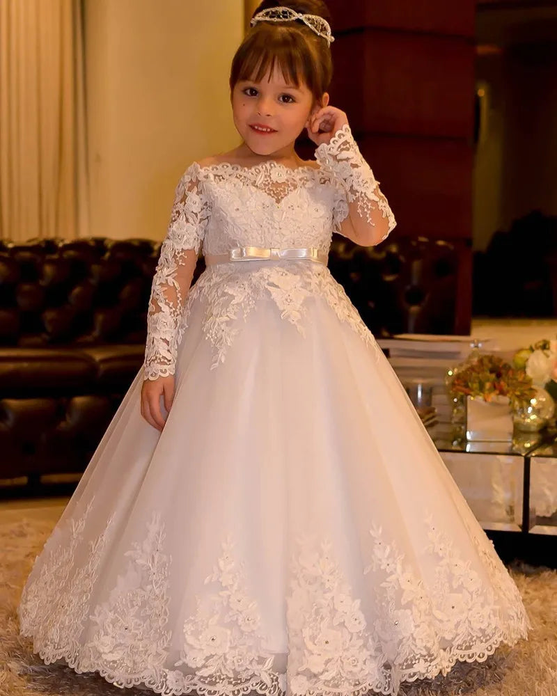 Princess Lace Long Sleeve Backless Flower Girl Dresses